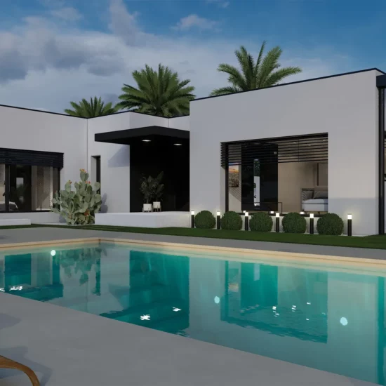 Plan gratuit à télécharger et permis de construire pas cher maison moderne californienne contemporaine / 127m² / T4 / plain-pied / piscine / garage / toit terrasse. Collection Orion, maison Epsilon - Vue en Plan