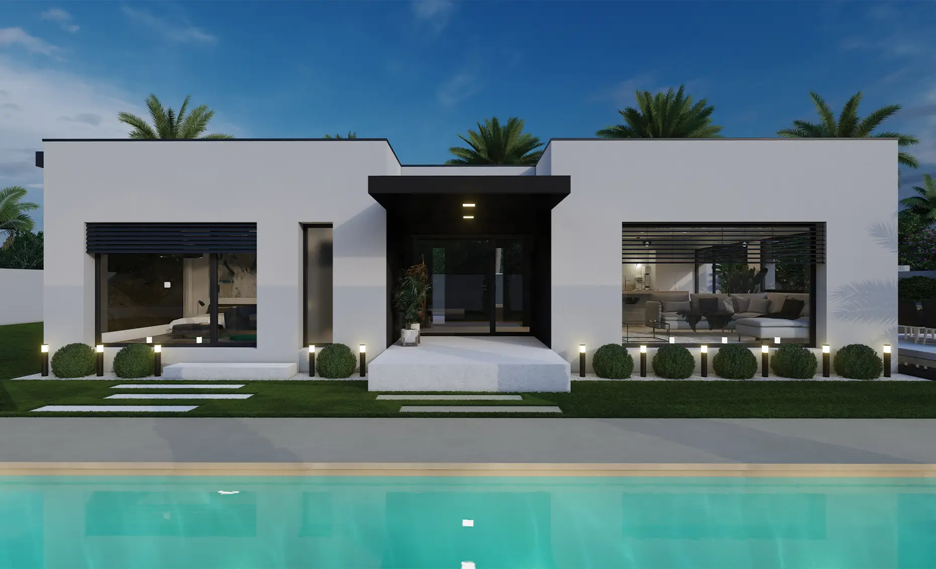 Plan gratuit à télécharger et permis de construire pas cher maison moderne californienne contemporaine en H / 77m² / T3 / plain-pied / piscine / suite parentale / toit terrasse. Collection Orion, maison Eta - Vue en Plan