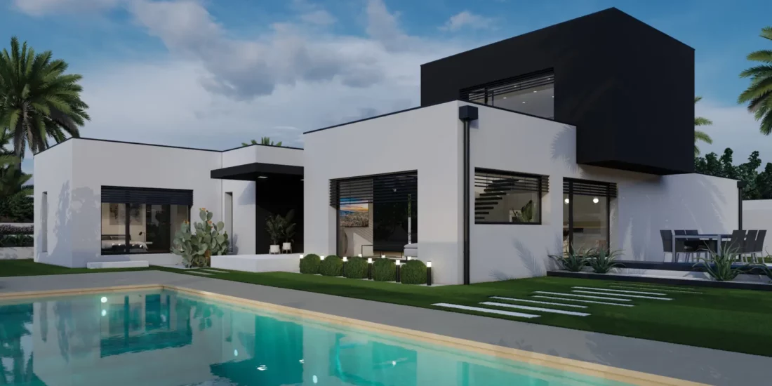 Plan gratuit à télécharger et permis de construire par cher maison moderne californienne contemporaine / 149m² / T5 / étage / piscine / double garage / toit terrasse. Collection Orion, maison Theta - Vue en Plan