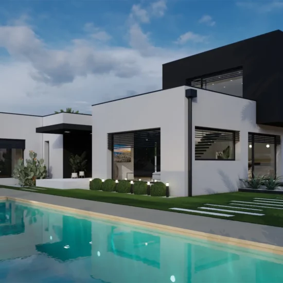 Plan gratuit à télécharger et permis de construire par cher maison moderne californienne contemporaine / 149m² / T5 / étage / piscine / double garage / toit terrasse. Collection Orion, maison Theta - Vue en Plan
