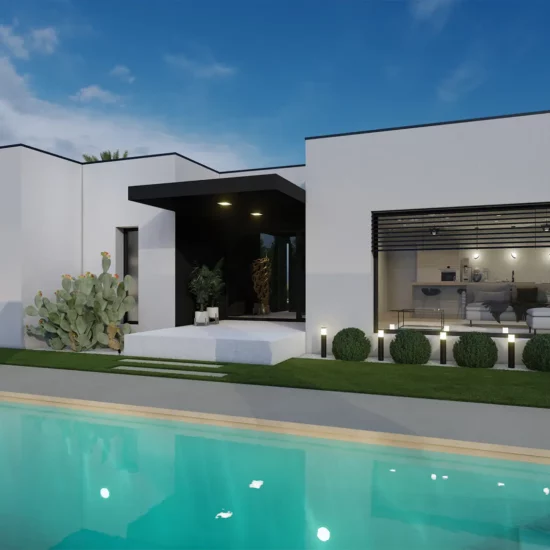 Plan gratuit à télécharger et permis de construire pas cher maison moderne californienne contemporaine / 112m² / T3 / plain-pied / piscine / toit terrasse. Collection Orion, maison Zeta - Vue en Plan