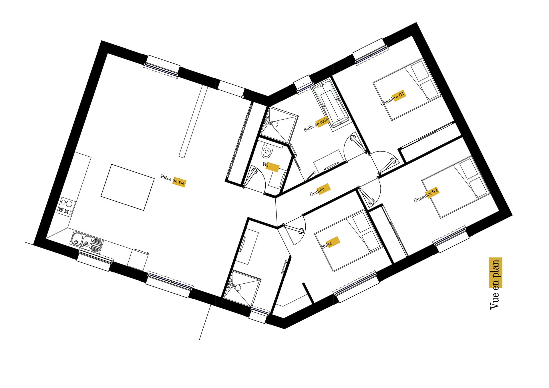 Plan gratuit à télécharger maison traditionnelle en V / 103m² / T4 / plain-pied / suite parentale / toit 2 pentes. Collection Andromède, maison Beta - Vue en Plan