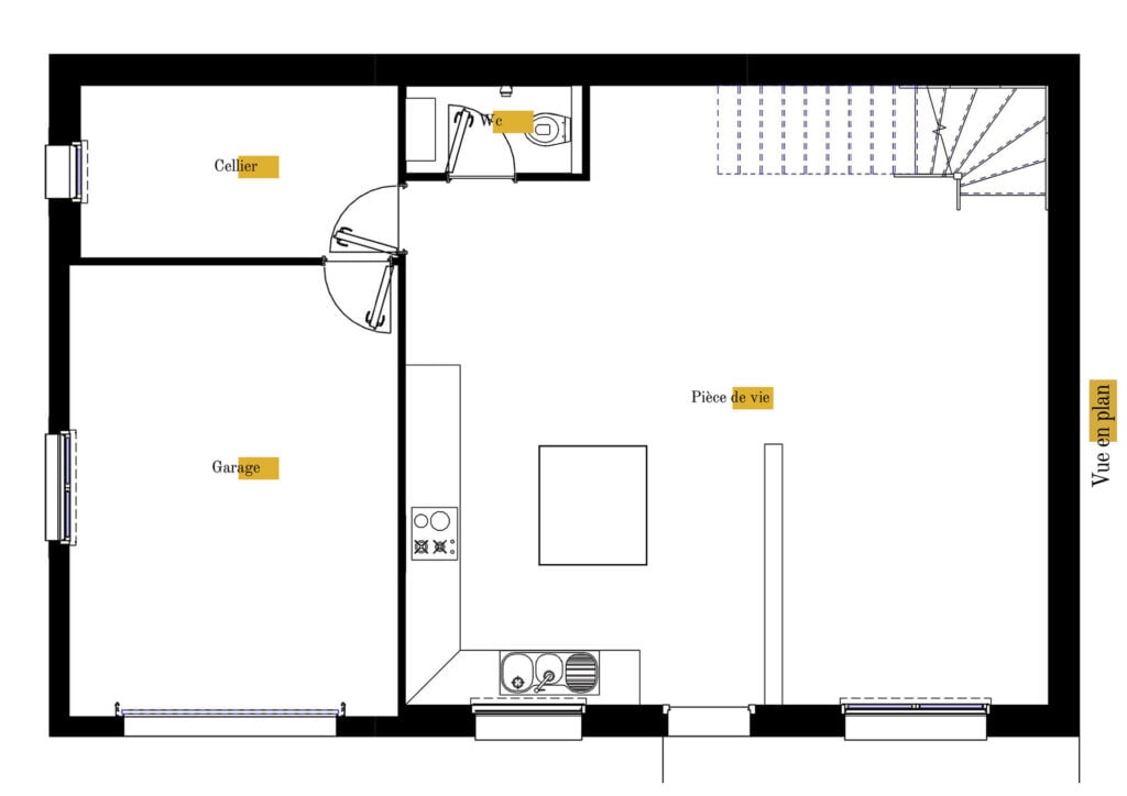 Plan gratuit à télécharger maison traditionnelle / 128m² / T5 / étage / garage / suite parentale / toit 2 pentes - RDC. Collection Andromède, maison Delta - Vue en Plan