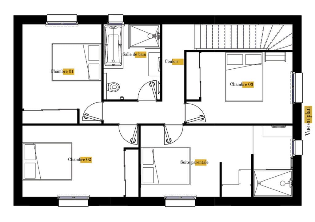 Plan gratuit à télécharger maison traditionnelle / 128m² / T5 / étage / garage / suite parentale / toit 2 pentes - R+1. Collection Andromède, maison Delta - Vue en Plan