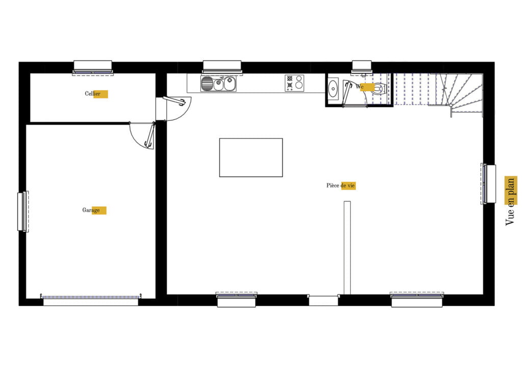Plan gratuit à télécharger maison traditionnelle / 140m² / T5 / étage / garage / suite parentale / toit 2 pentes - RDC. Collection Andromède, maison Gamma - Vue en Plan