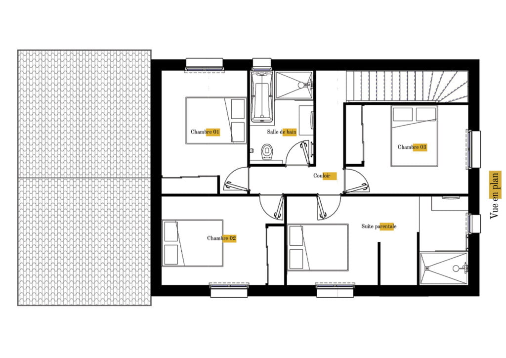 Plan gratuit à télécharger maison traditionnelle / 140m² / T5 / étage / garage / suite parentale / toit 2 pentes - R+1. Collection Andromède, maison Gamma - Vue en Plan