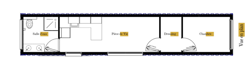Plan gratuit à télécharger maison container maritime / 24m² / T2 / plain-pied / terrasse / toit terrasse. Collection Container, maison Dekker - Vue en Plan