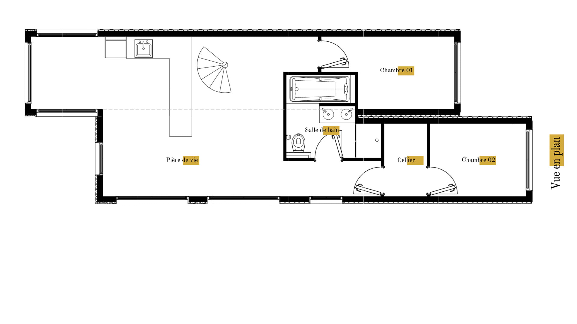 Plan gratuit à télécharger maison container maritime / 73m² / T4 / étage / suite parentale / toit terrasse - RDC. Collection Container, maison Vidal - Vue en Plan