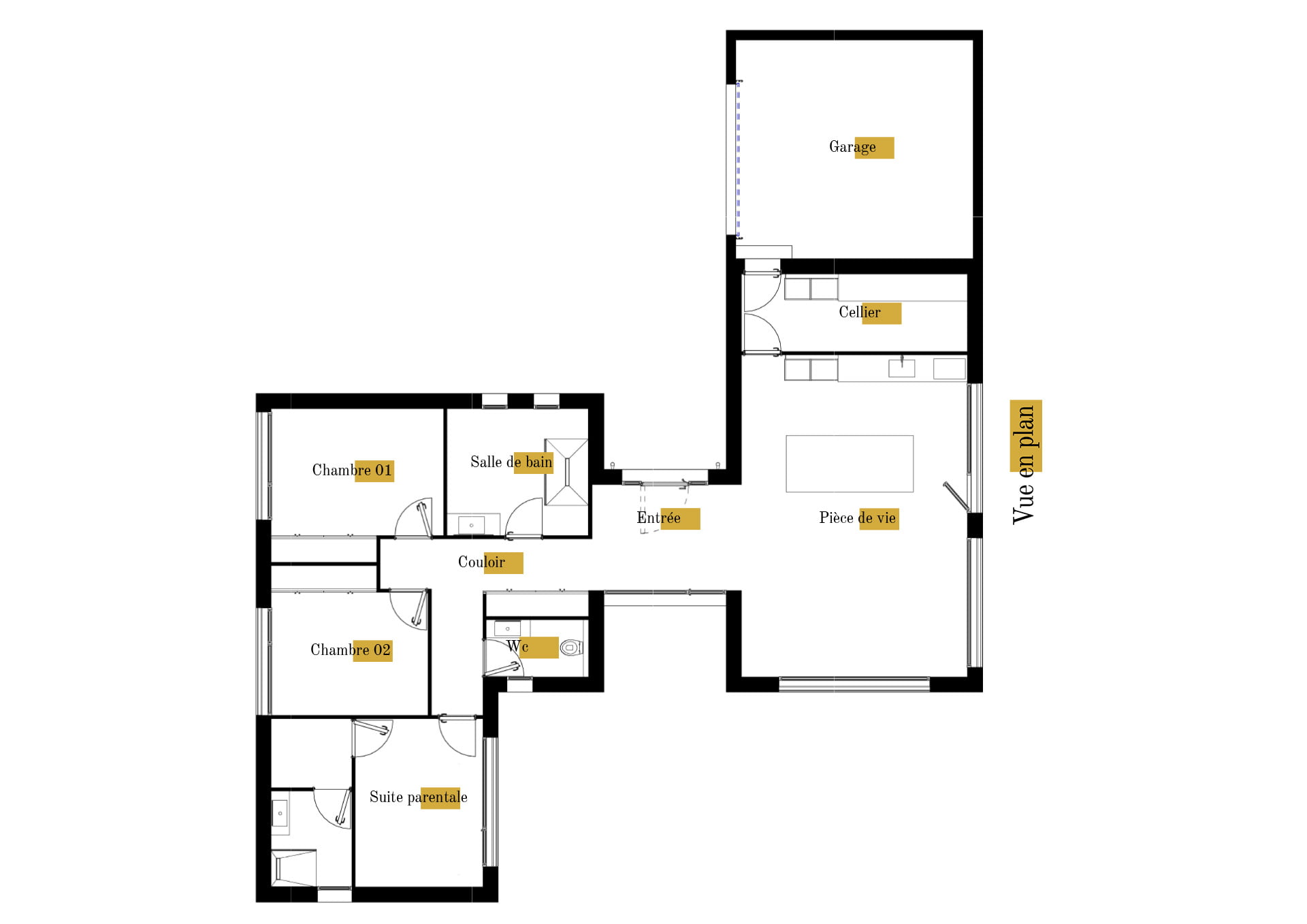 Plan gratuit à télécharger maison moderne californienne contemporaine / 127m² / T4 / plain-pied / piscine / garage / toit terrasse. Collection Orion, maison Epsilon - Vue en Plan