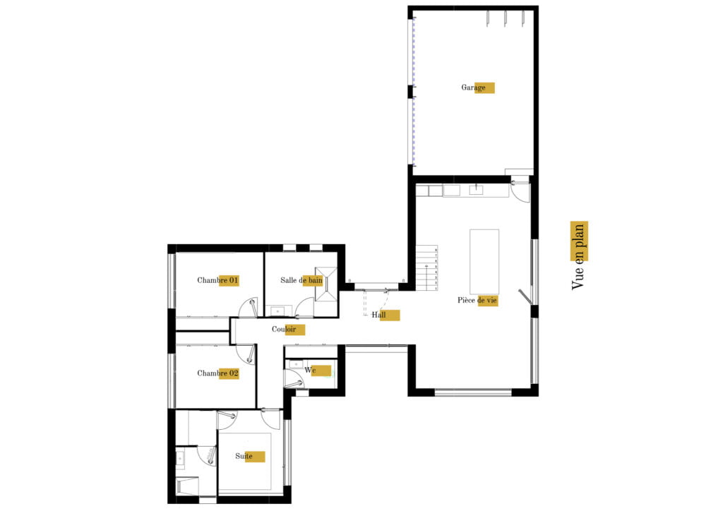 Plan gratuit à télécharger maison moderne californienne contemporaine / 149m² / T5 / étage / piscine / double garage / toit terrasse - RDC. Collection Orion, maison Theta - Vue en Plan