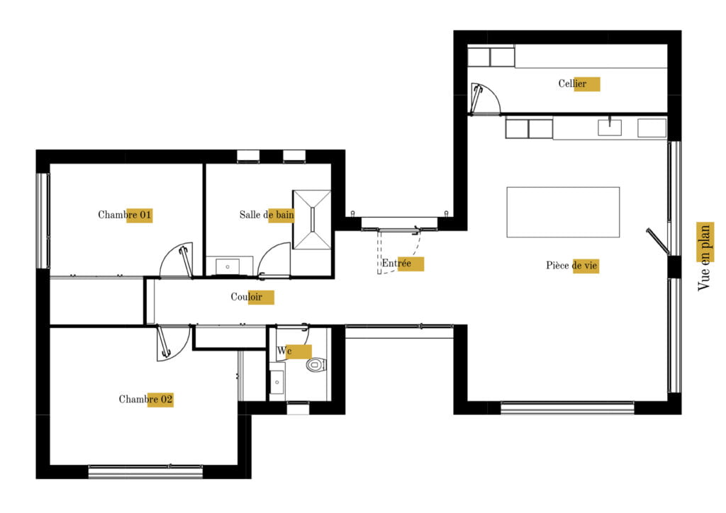 Plan gratuit à télécharger maison moderne californienne contemporaine en H / 112m² / T3 / plain-pied / piscine / toit terrasse. Collection Orion, maison Zeta - Vue en Plan