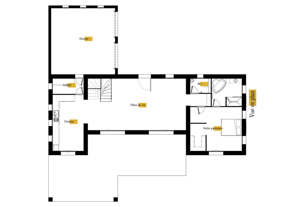 Plan gratuit à télécharger maison traditionnelle provençale / 149m² / T5 / étage / piscine / garage / toit 4 pentes - RDC. Collection Persée, maison Iota - Vue en Plan
