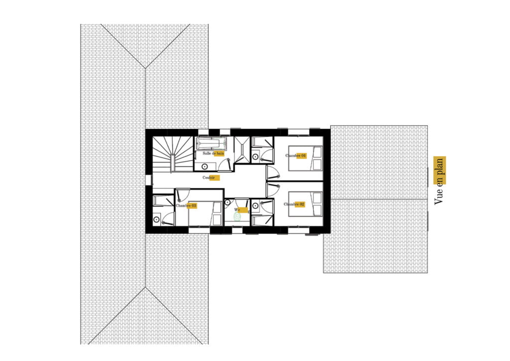 Plan gratuit à télécharger maison traditionnelle provençale / 149m² / T5 / étage / piscine / garage / toit 4 pentes - R+1. Collection Persée, maison Iota - Vue en Plan