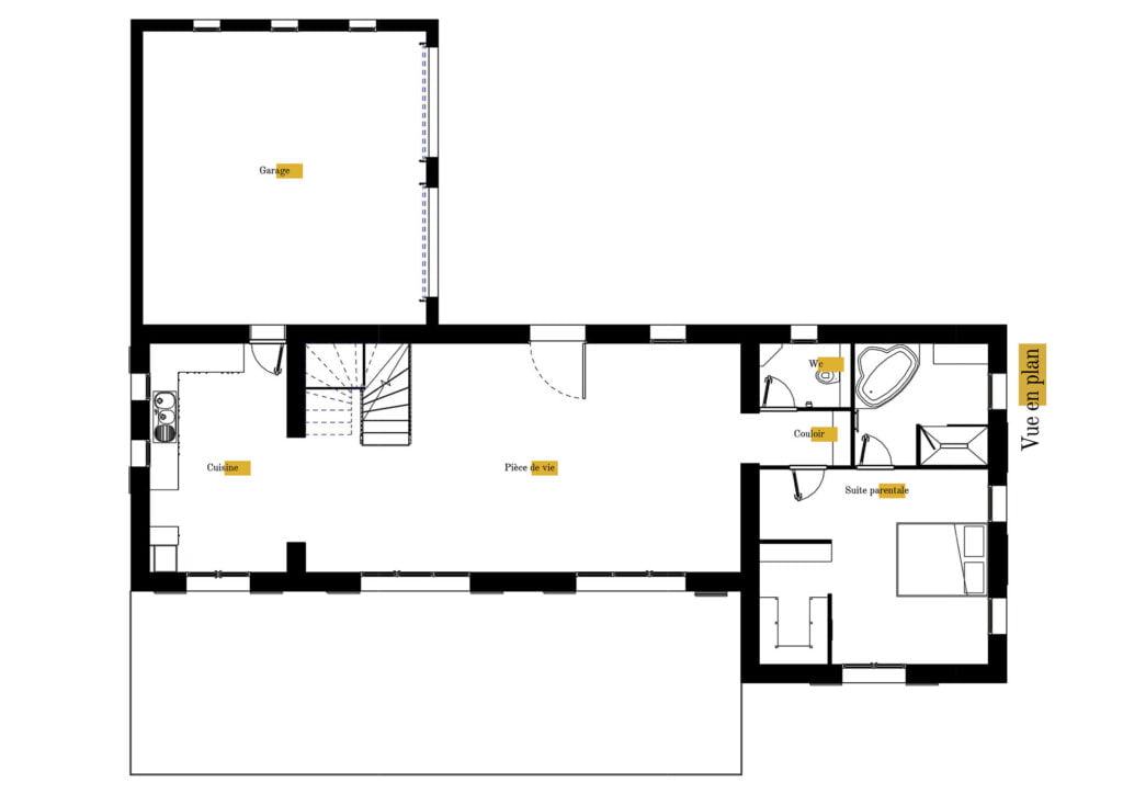 Plan gratuit à télécharger maison traditionnelle provençale / 141m² / T5 / étage / piscine / garage / toit 4 pentes - RDC. Collection Persée, maison Kappa - Vue en Plan