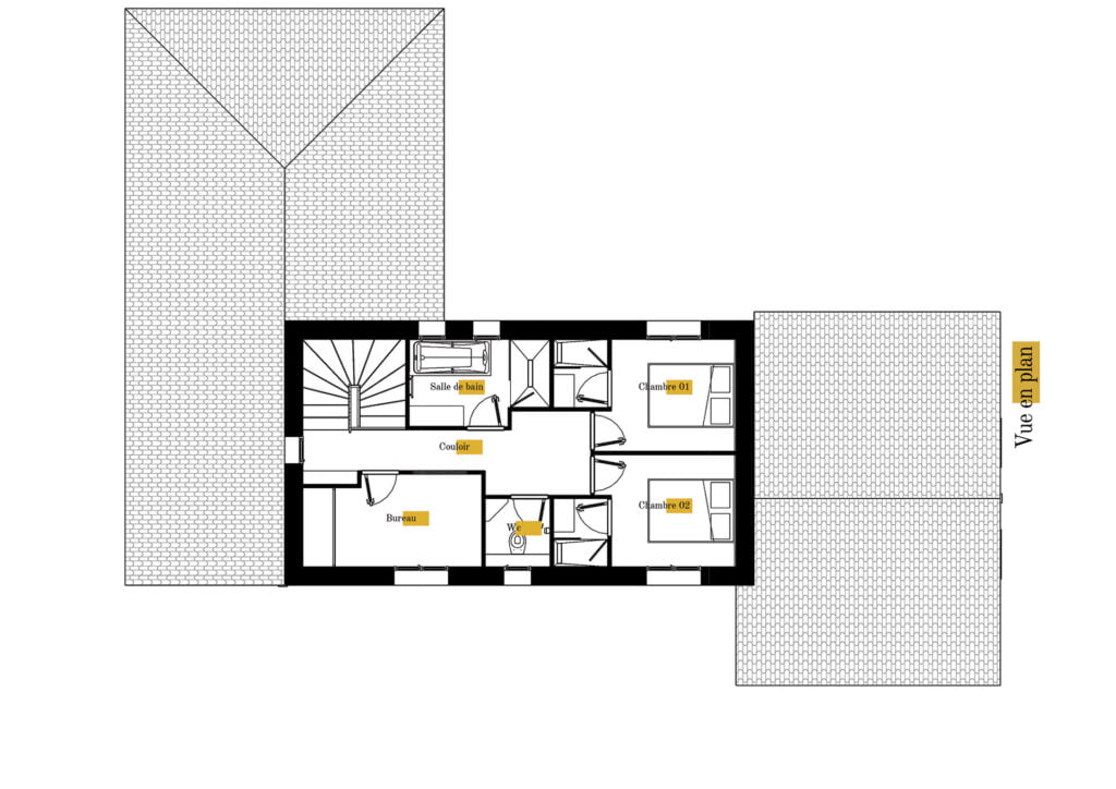 Plan gratuit à télécharger maison traditionnelle provençale / 141m² / T5 / étage / piscine / garage / toit 4 pentes - R+1. Collection Persée, maison Kappa - Vue en Plan