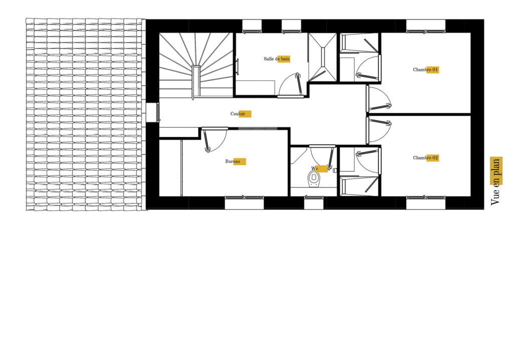 Plan gratuit à télécharger maison traditionnelle provençale / 104m² / T4 / à étage / piscine / toit 2 pentes - R+1. Collection Persée, maison Lambda - Vue en Plan