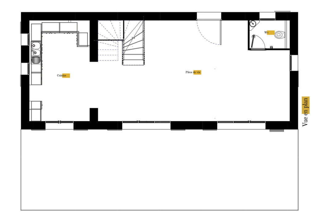 Plan gratuit à télécharger maison traditionnelle provençale / 104m² / T4 / à étage / piscine / toit 2 pentes - RDC. Collection Persée, maison Lambda - Vue en Plan