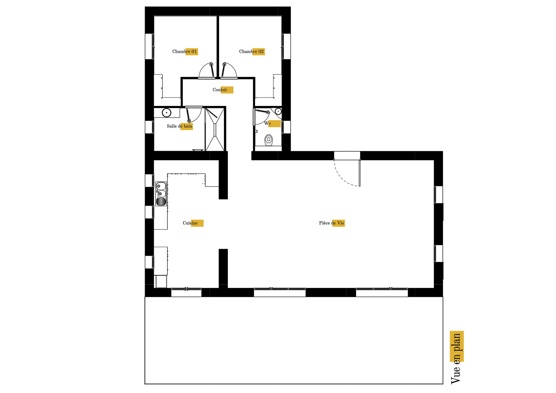 Plan gratuit à télécharger maison traditionnelle provençale / 115m² / T3 / plain-pied / piscine / toit 2 pentes. Collection Persée, maison Mu - Vue en Plan