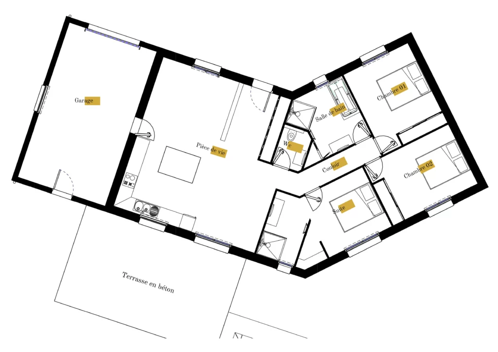 Plan gratuit à télécharger maison traditionnelle en V / 103m² / T4 / plain-pied / suite parentale / toit 2 pentes. Collection Andromède, maison Beta - garage - piscine - Vue en Plan