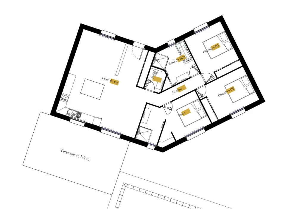 Plan gratuit à télécharger maison traditionnelle en V / 103m² / T4 / plain-pied / suite parentale / toit 2 pentes. Collection Andromède, maison Beta - Piscine- Vue en Plan