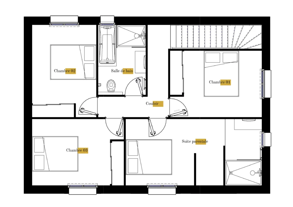 Plan gratuit à télécharger maison traditionnelle en V / 103m² / T4 / plain-pied / suite parentale / toit 2 pentes. Collection Andromède, maison Gamma - Vue en Plan - Etage