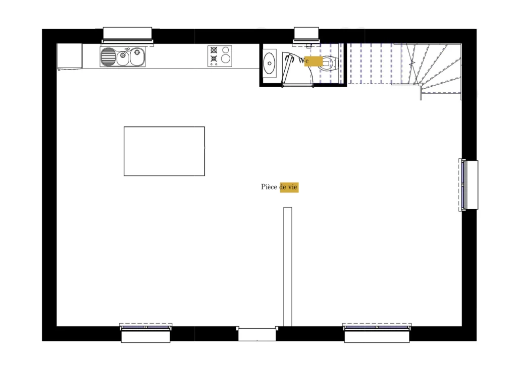 Plan gratuit à télécharger maison traditionnelle en V / 103m² / T4 / plain-pied / suite parentale / toit 2 pentes. Collection Andromède, maison Gamma - Vue en Plan - RDC